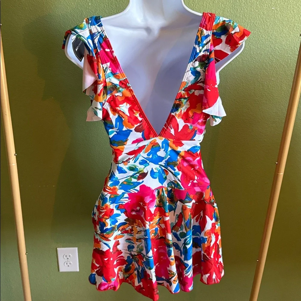 Floral V-Neck One-Piece Swimdress in Pink & Blue - Picture 3 of 7